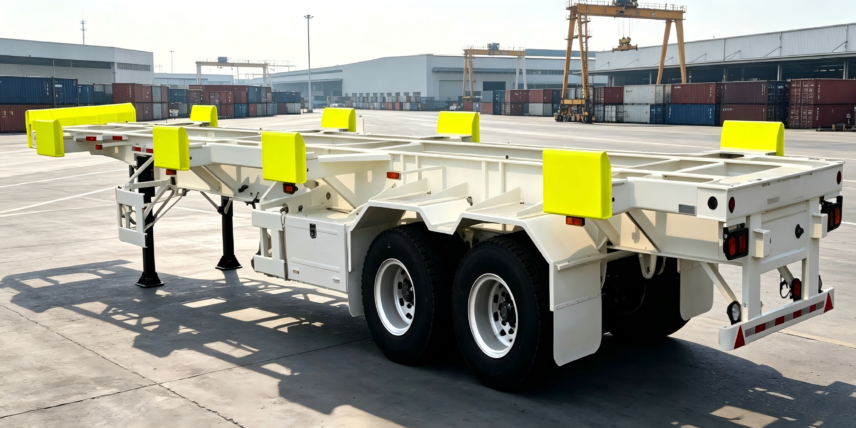 straight frame trailer with container guide and retractable stopper